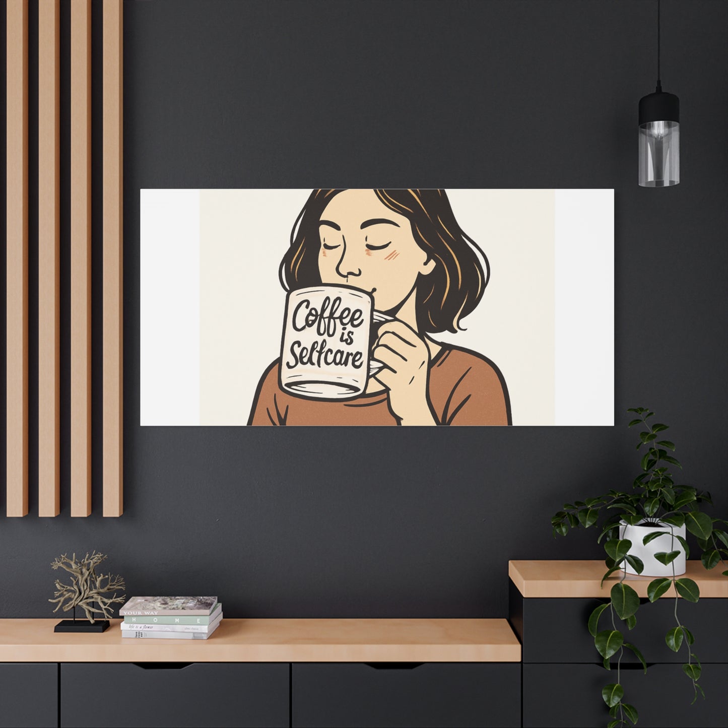 Coffee Is Self-Care Canvas Wall Art — Woman Drinking Coffee Illustration