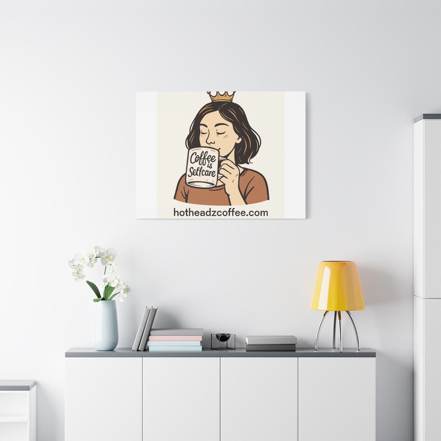 Coffee Is Self-Care Canvas Wall Art — Woman Drinking Coffee Illustration