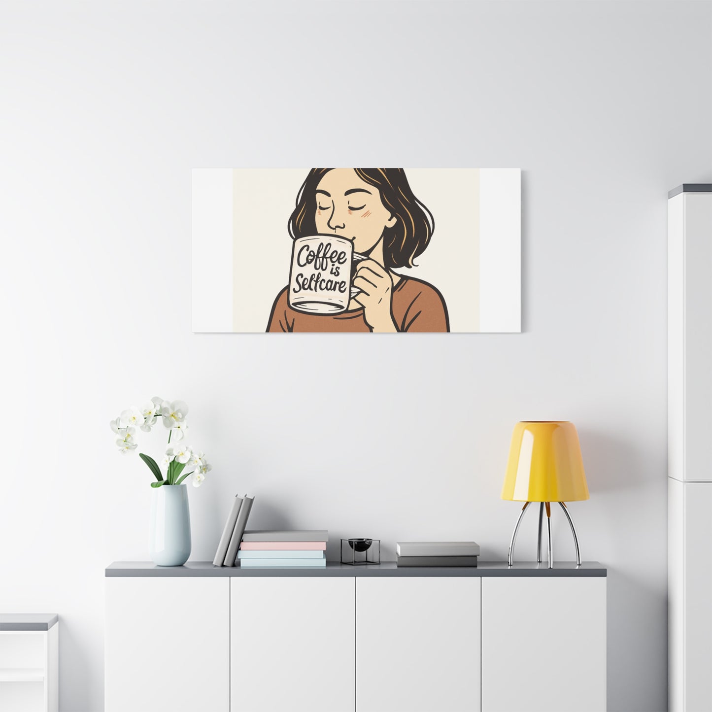 Coffee Is Self-Care Canvas Wall Art — Woman Drinking Coffee Illustration