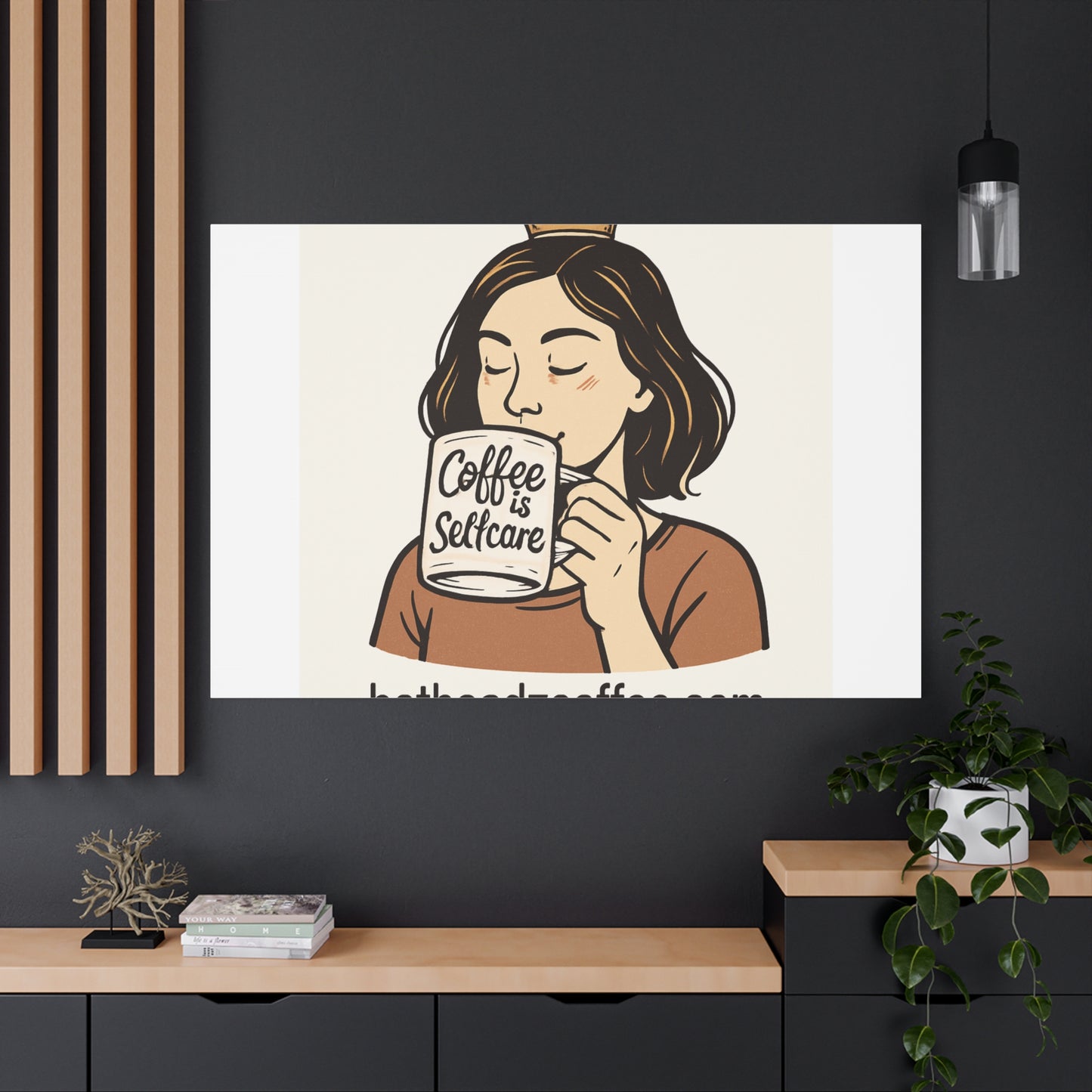 Coffee Is Self-Care Canvas Wall Art — Woman Drinking Coffee Illustration