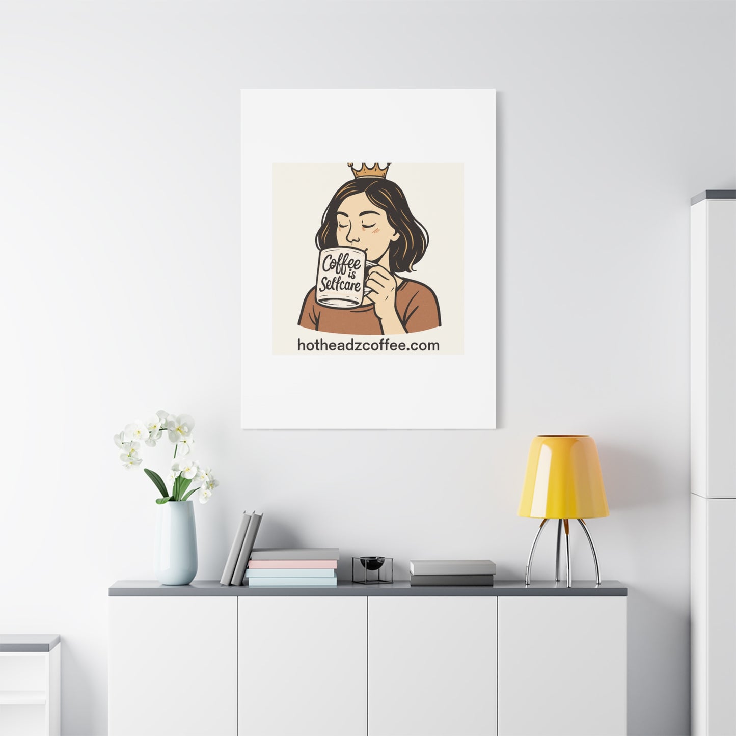 Coffee Is Self-Care Canvas Wall Art — Woman Drinking Coffee Illustration