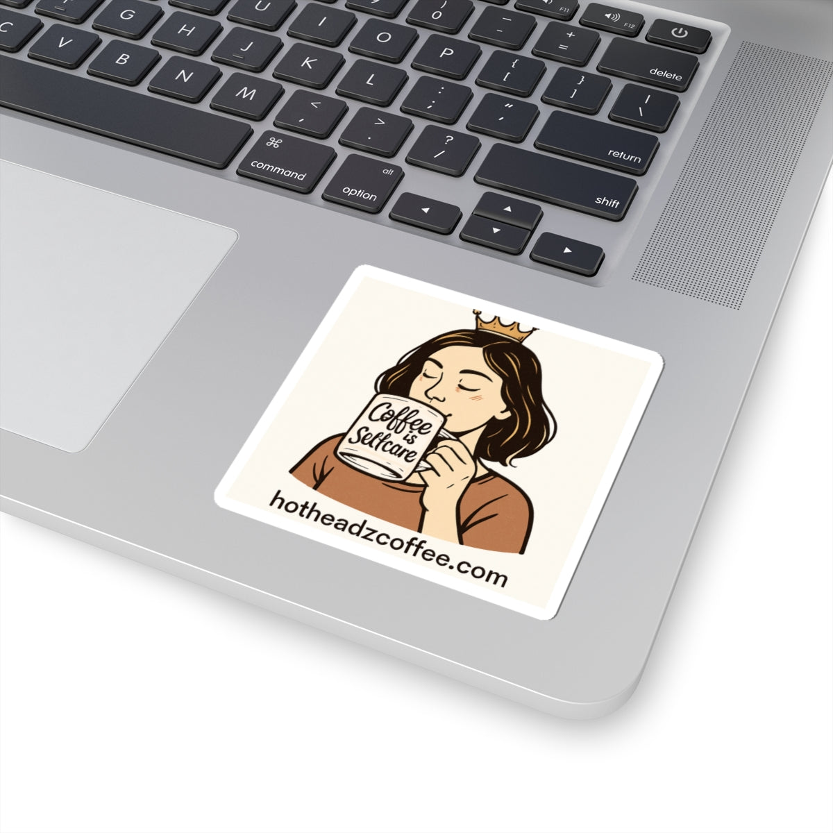 Coffee Is Selfcare Sticker — Cute Crowned Woman Laptop Kiss-Cut Sticker