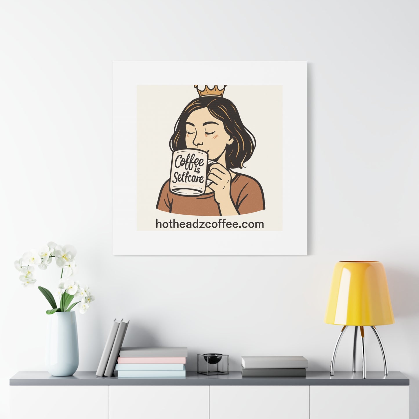 Coffee Is Self-Care Canvas Wall Art — Woman Drinking Coffee Illustration