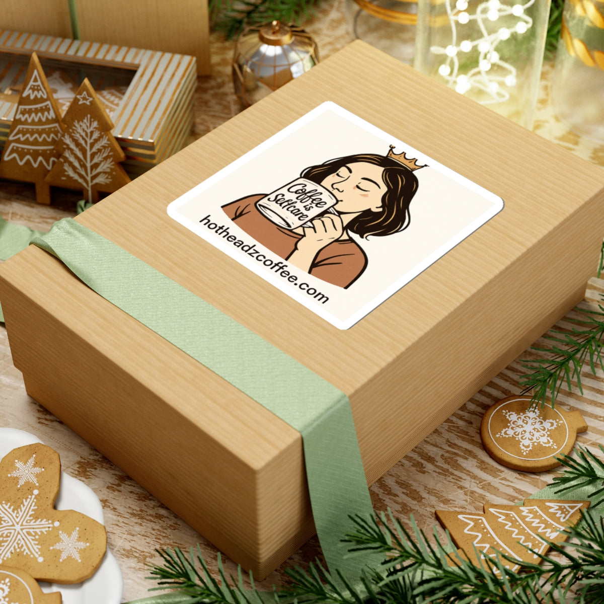 Coffee Is Selfcare Sticker — Cute Crowned Woman Laptop Kiss-Cut Sticker