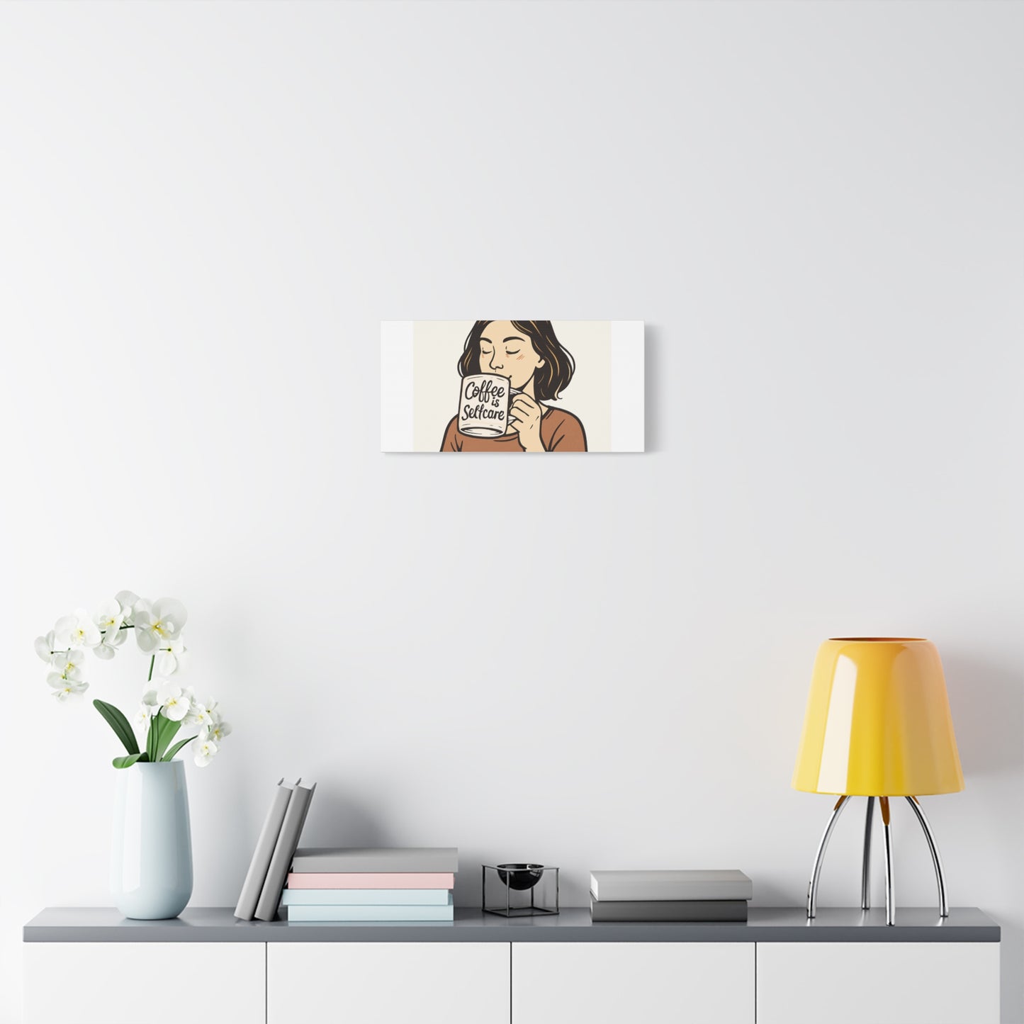 Coffee Is Self-Care Canvas Wall Art — Woman Drinking Coffee Illustration
