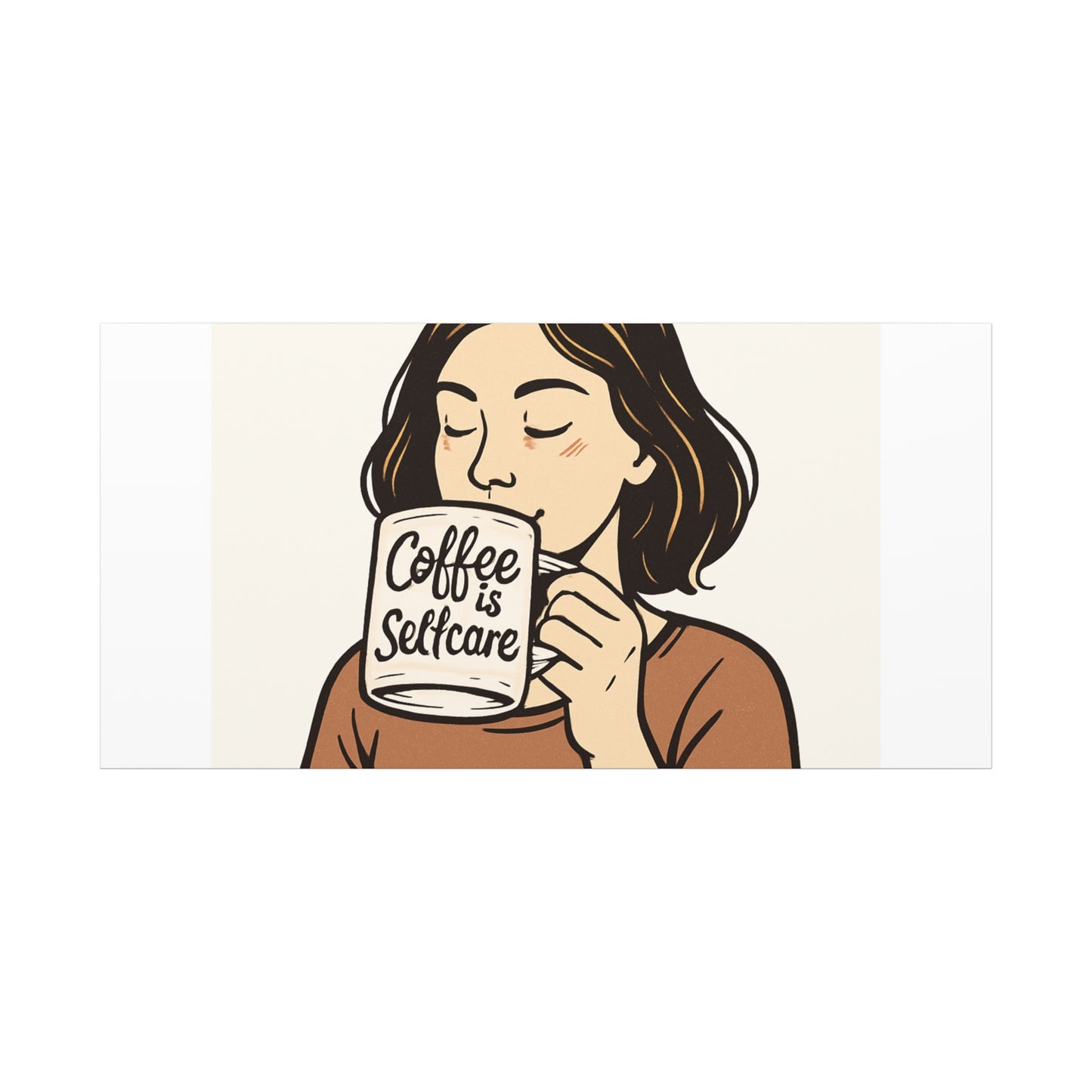 Coffee Is Self-Care Canvas Wall Art — Woman Drinking Coffee Illustration