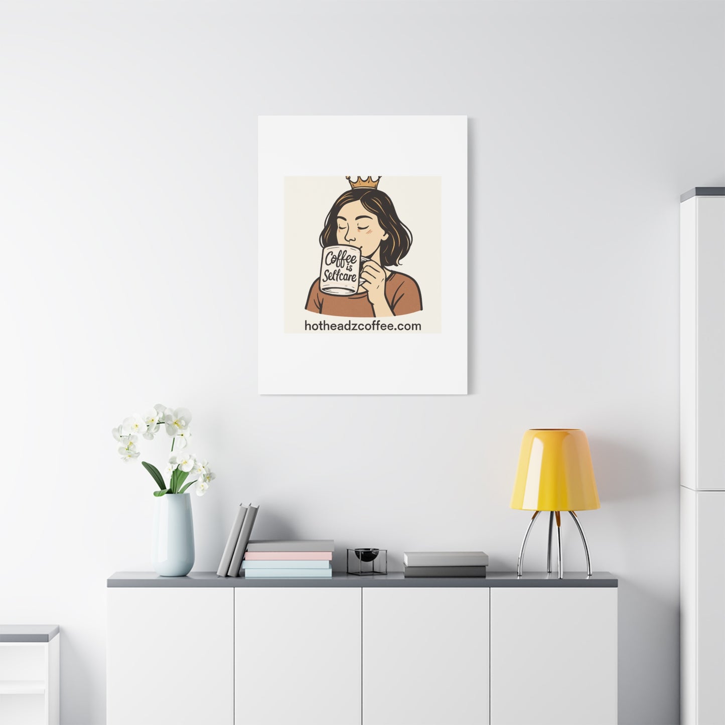 Coffee Is Self-Care Canvas Wall Art — Woman Drinking Coffee Illustration