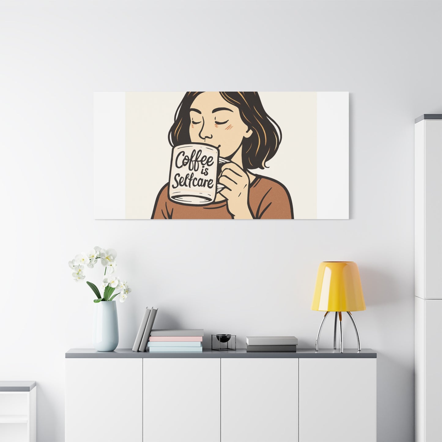 Coffee Is Self-Care Canvas Wall Art — Woman Drinking Coffee Illustration