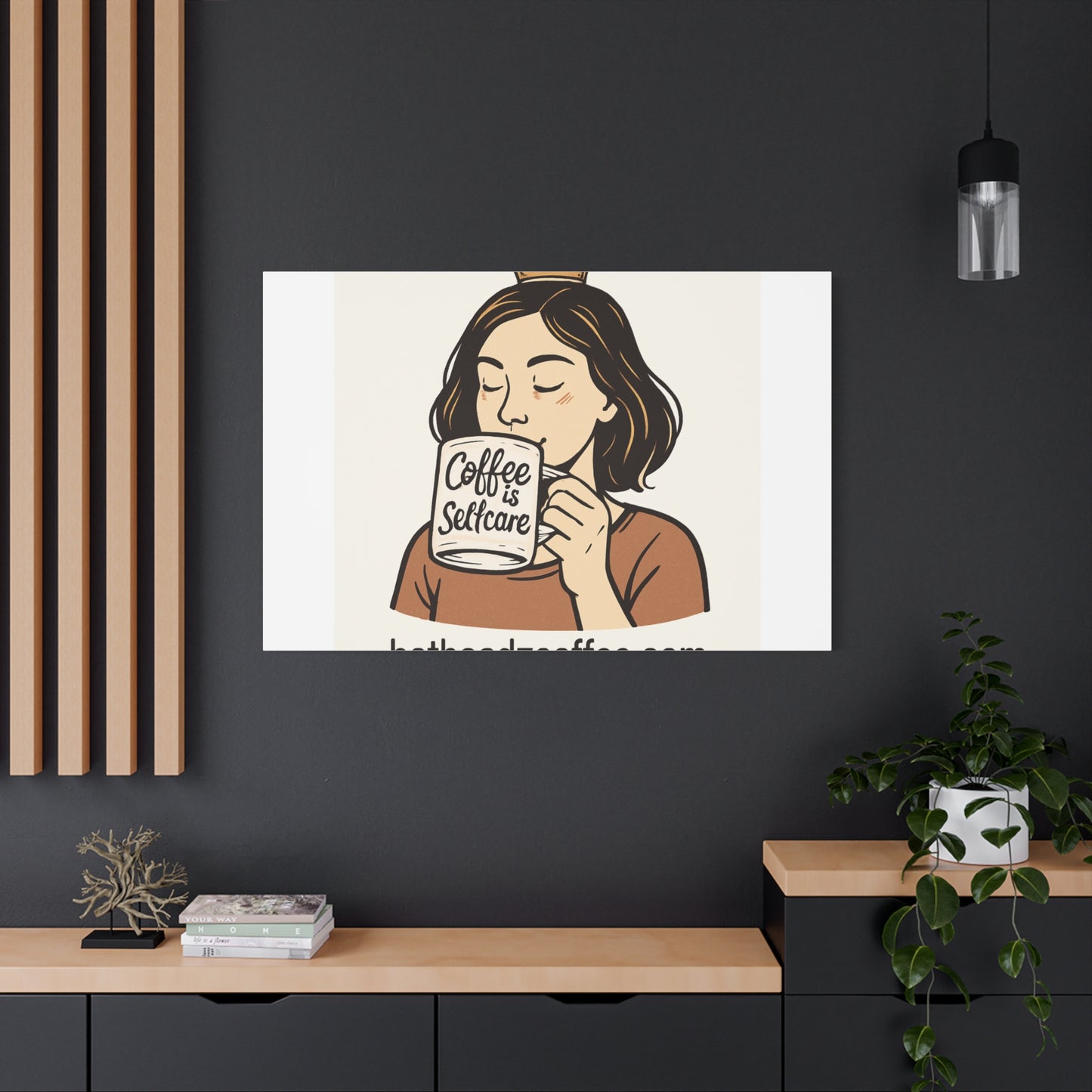 Coffee Is Self-Care Canvas Wall Art — Woman Drinking Coffee Illustration