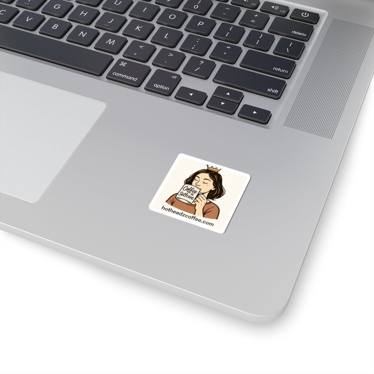 Coffee Is Selfcare Sticker — Cute Crowned Woman Laptop Kiss-Cut Sticker