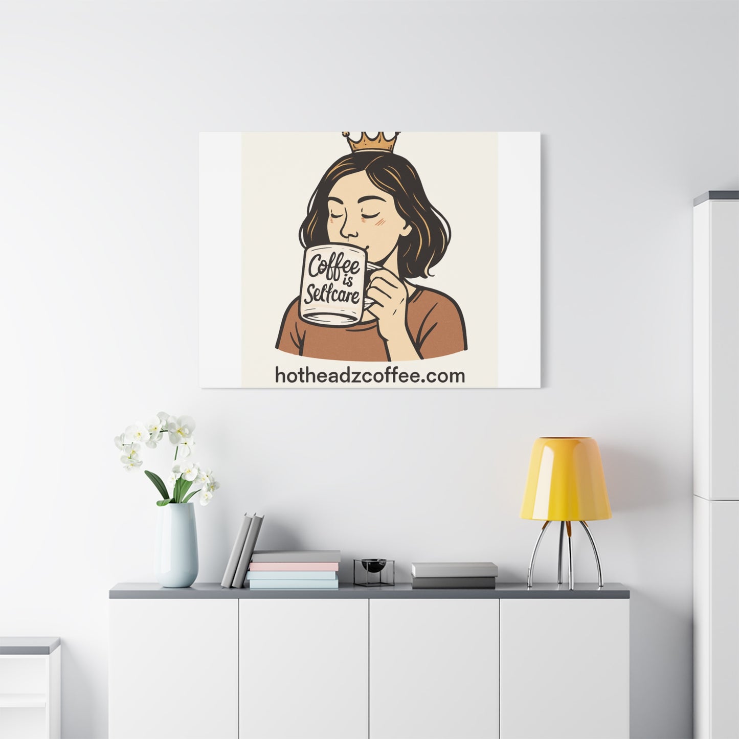 Coffee Is Self-Care Canvas Wall Art — Woman Drinking Coffee Illustration