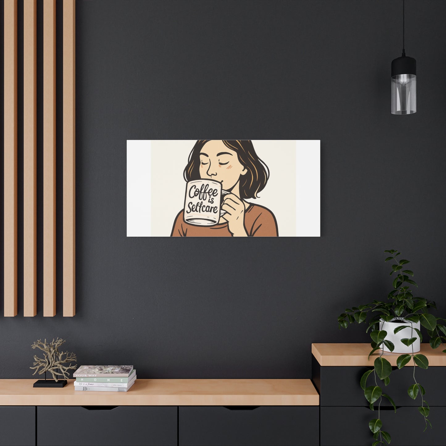 Coffee Is Self-Care Canvas Wall Art — Woman Drinking Coffee Illustration