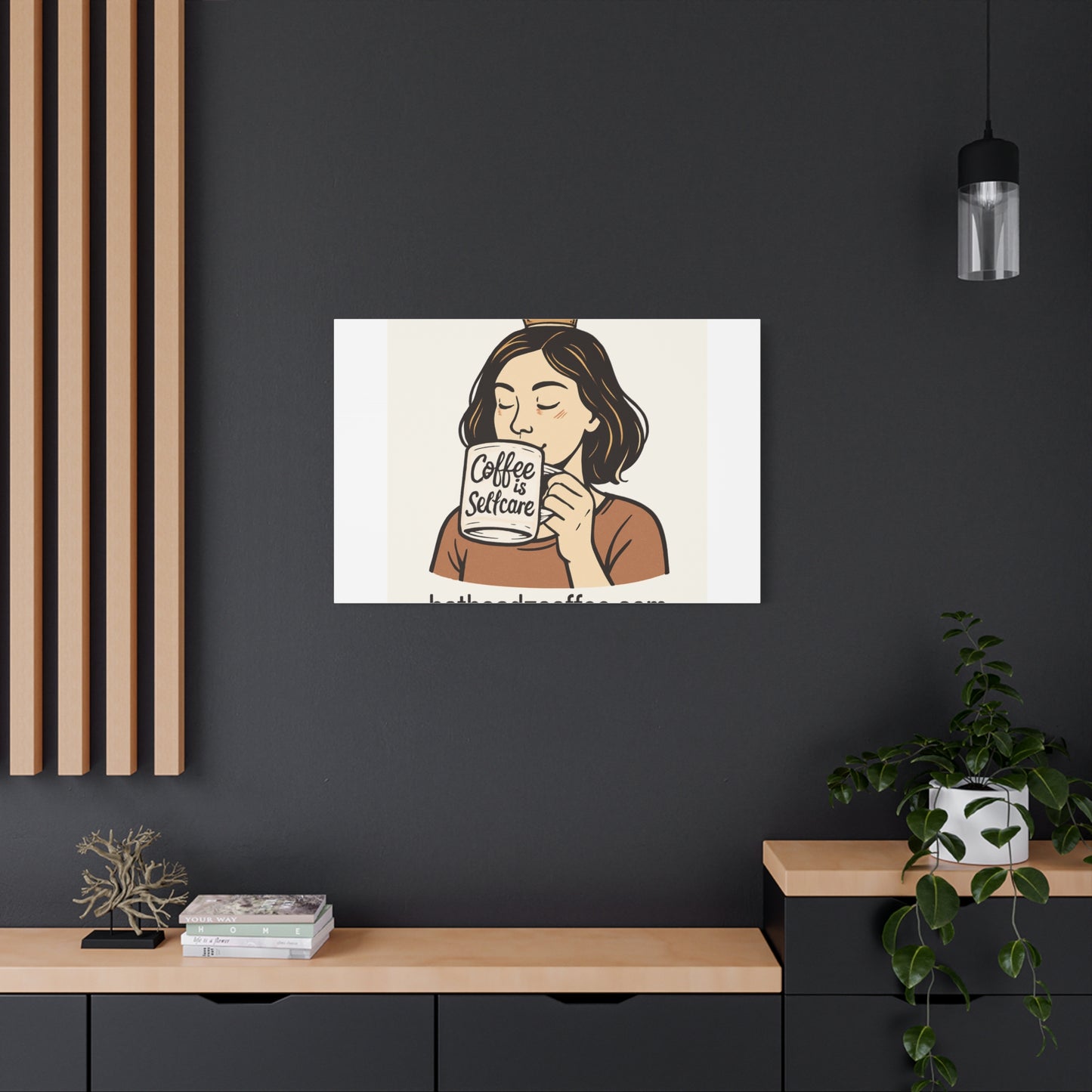Coffee Is Self-Care Canvas Wall Art — Woman Drinking Coffee Illustration