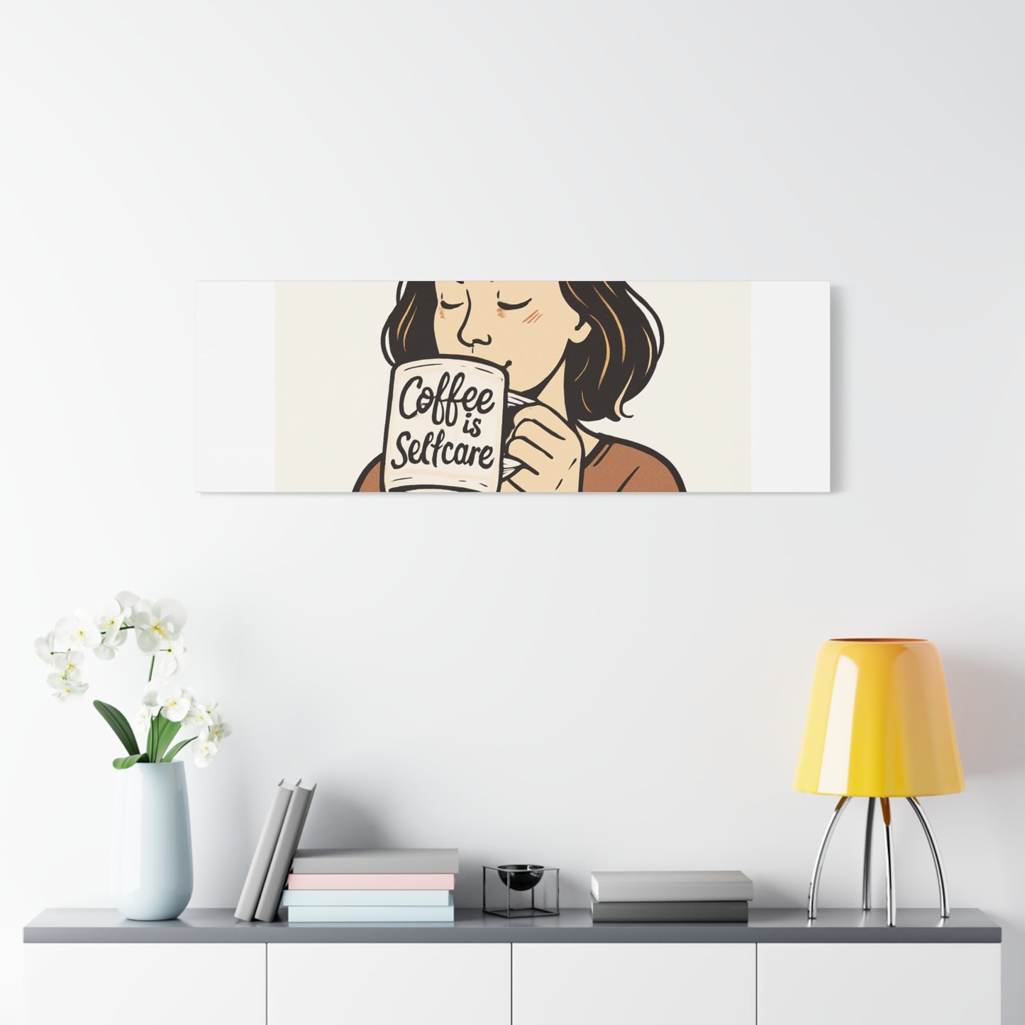 Coffee Is Self-Care Canvas Wall Art — Woman Drinking Coffee Illustration