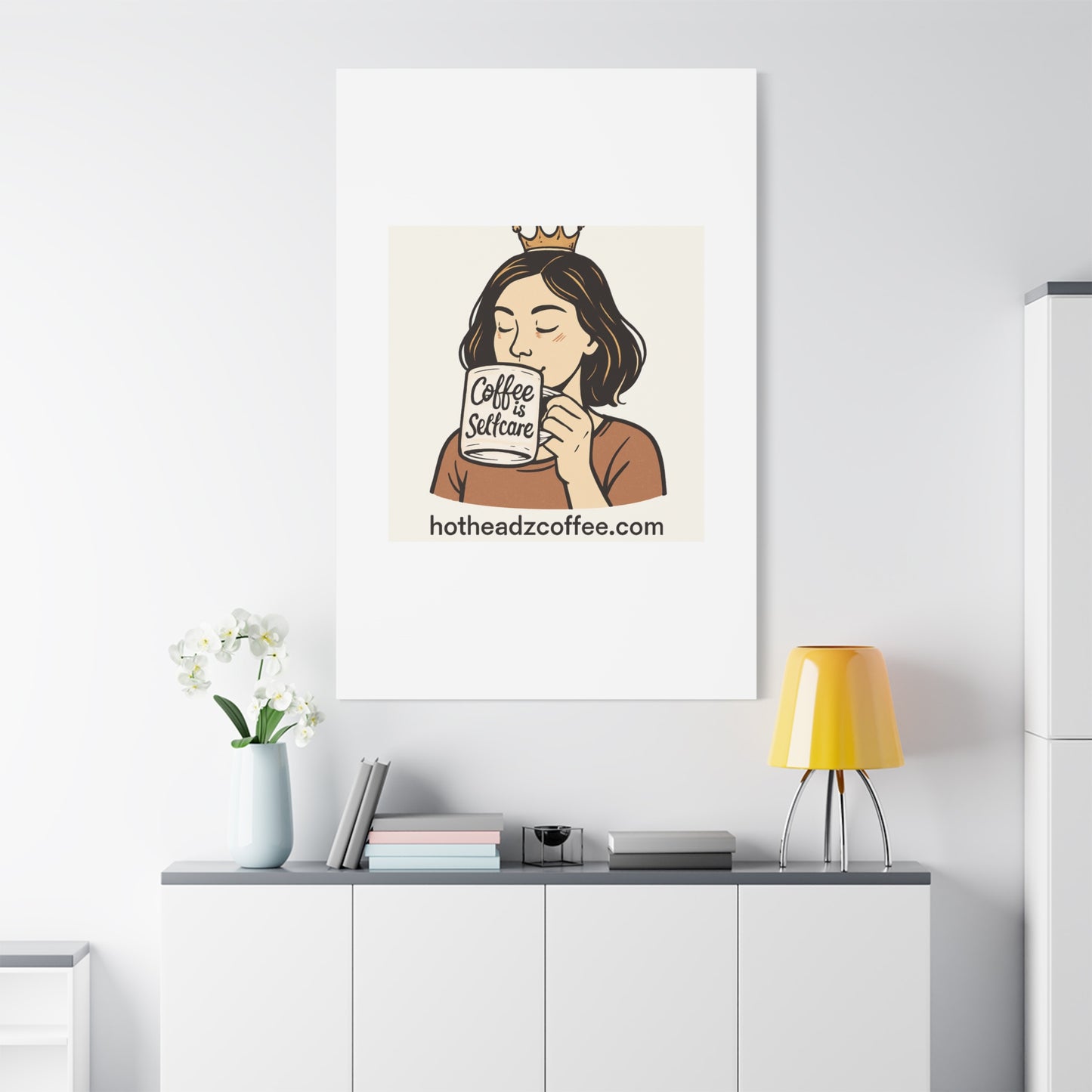 Coffee Is Self-Care Canvas Wall Art — Woman Drinking Coffee Illustration