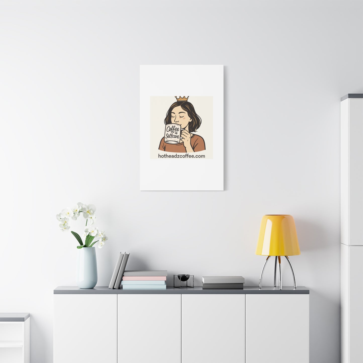 Coffee Is Self-Care Canvas Wall Art — Woman Drinking Coffee Illustration