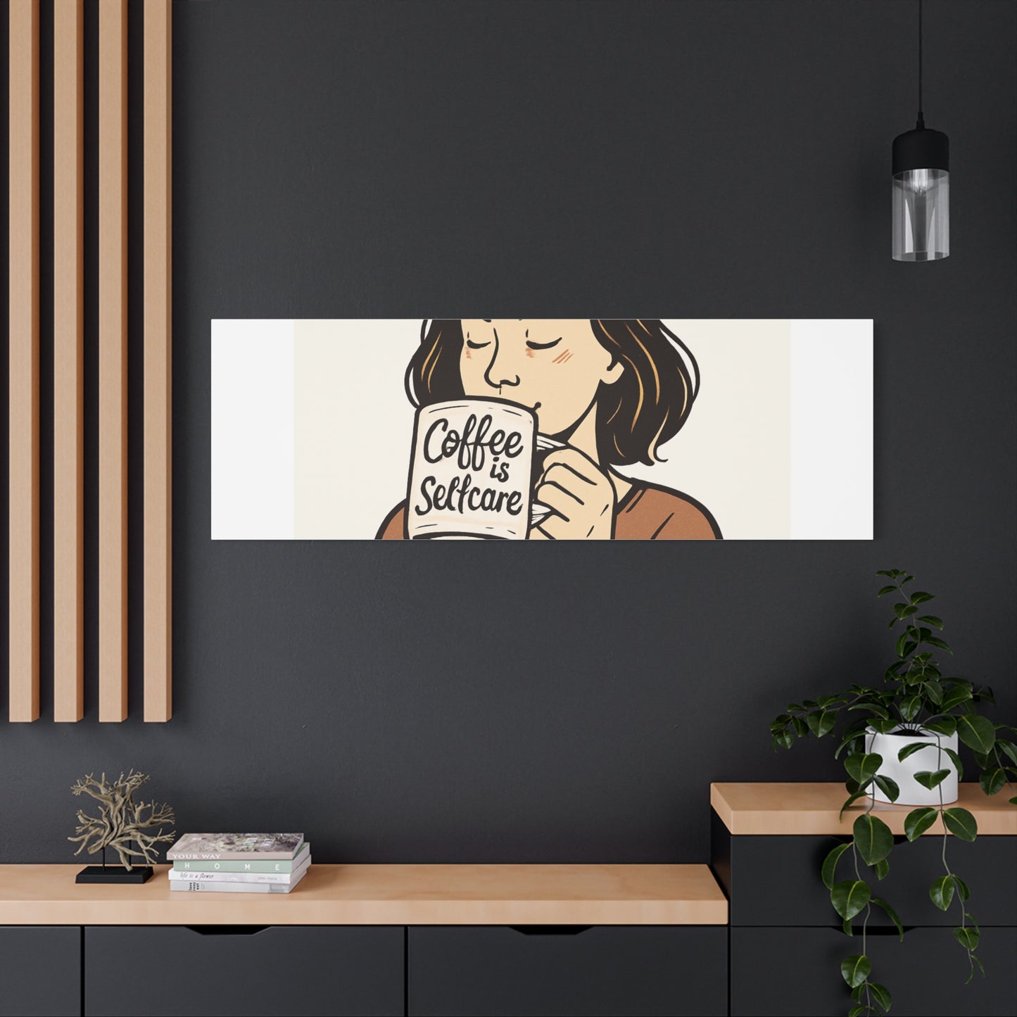 Coffee Is Self-Care Canvas Wall Art — Woman Drinking Coffee Illustration