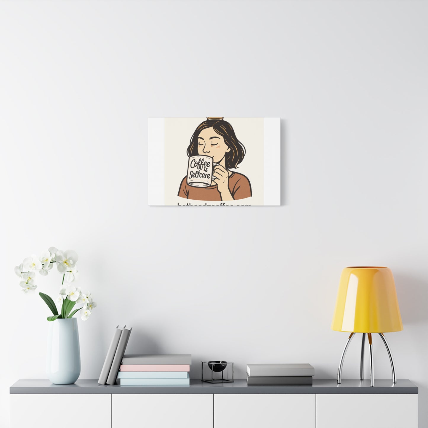 Coffee Is Self-Care Canvas Wall Art — Woman Drinking Coffee Illustration