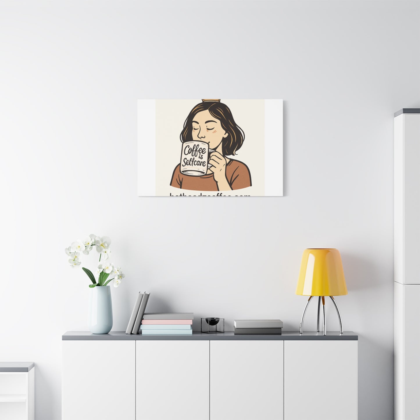 Coffee Is Self-Care Canvas Wall Art — Woman Drinking Coffee Illustration