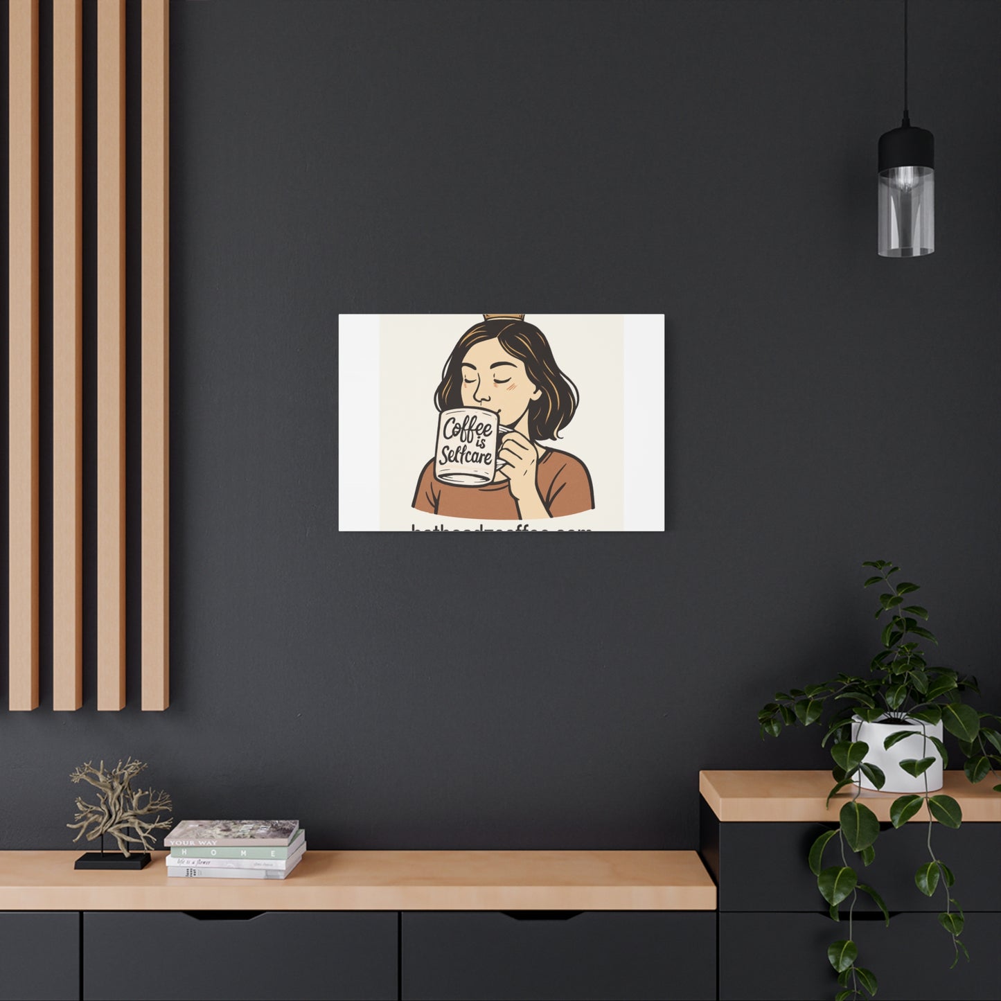 Coffee Is Self-Care Canvas Wall Art — Woman Drinking Coffee Illustration