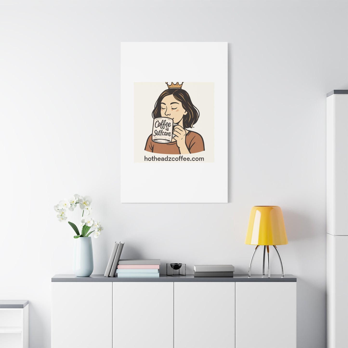 Coffee Is Self-Care Canvas Wall Art — Woman Drinking Coffee Illustration