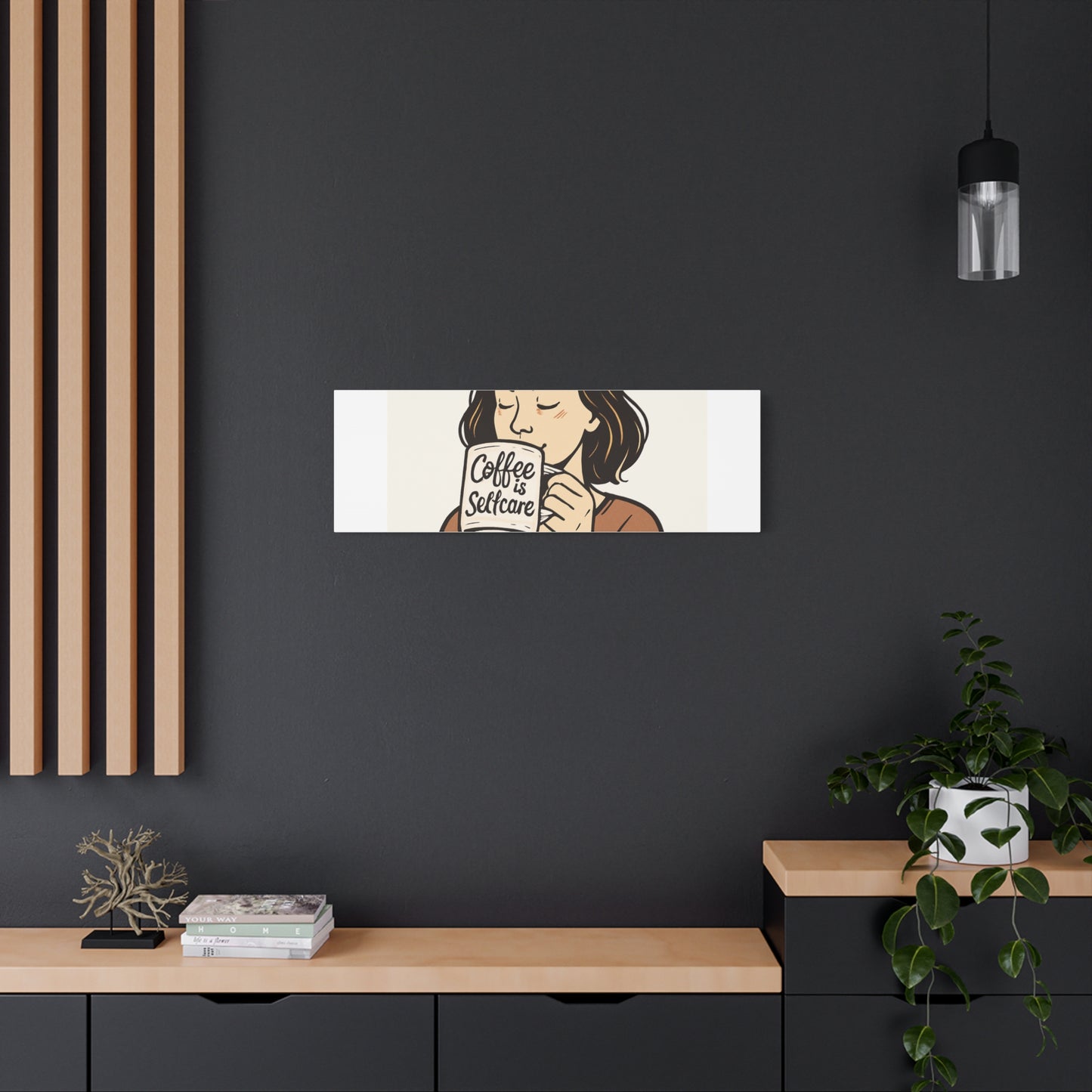 Coffee Is Self-Care Canvas Wall Art — Woman Drinking Coffee Illustration