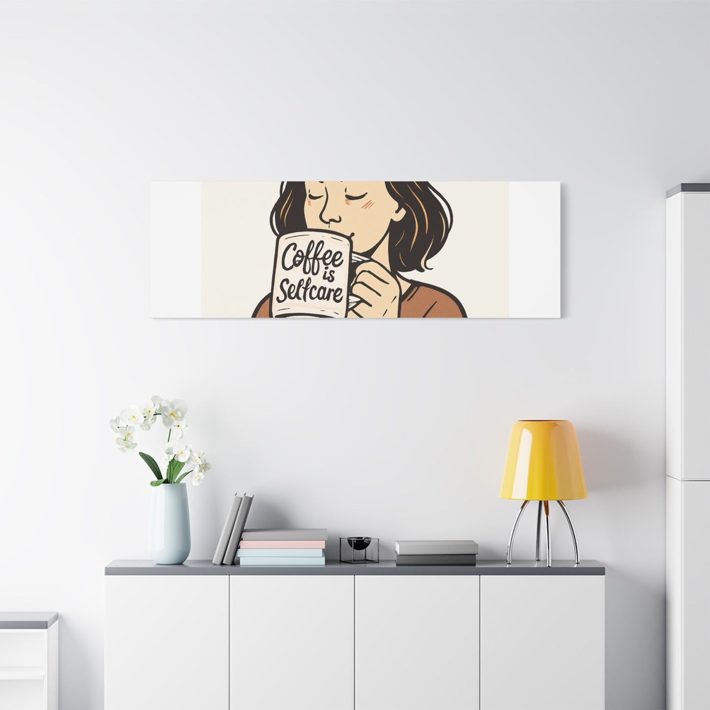 Coffee Is Self-Care Canvas Wall Art — Woman Drinking Coffee Illustration