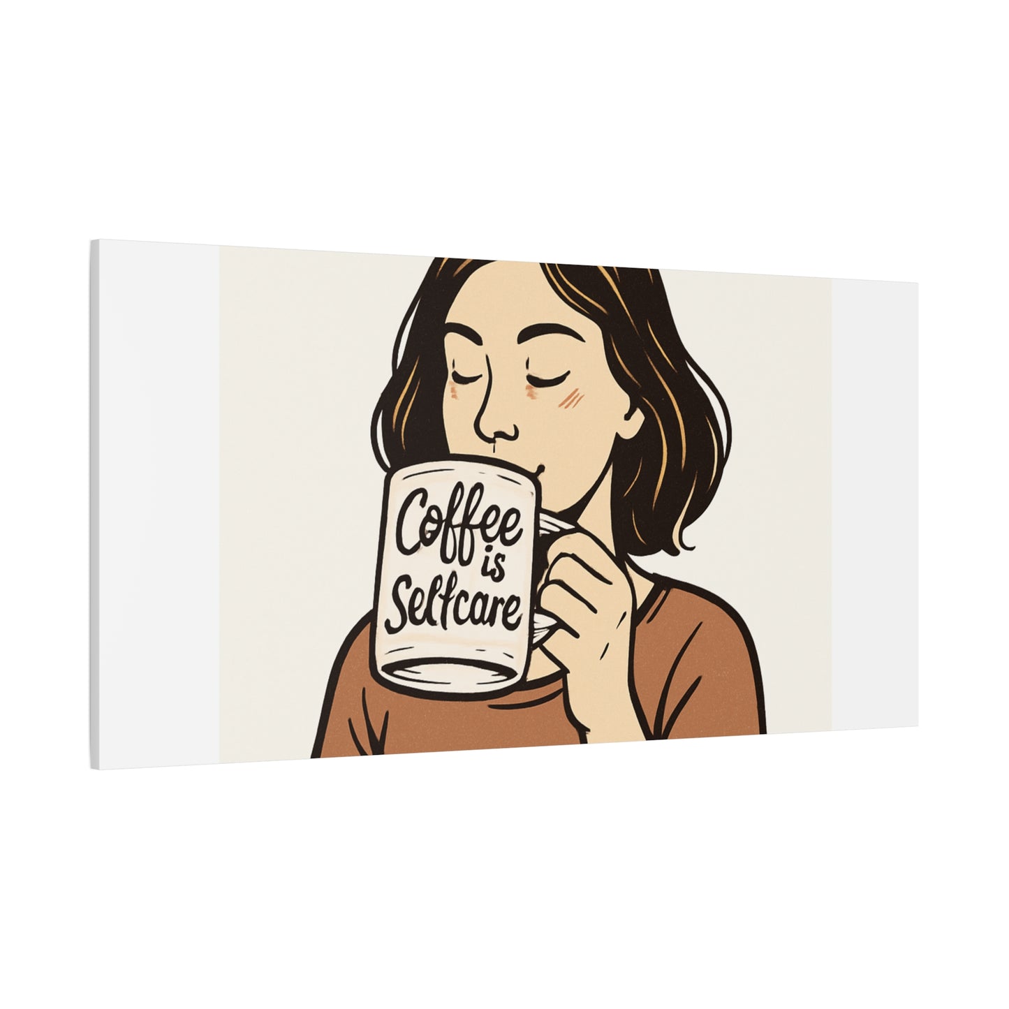 Coffee Is Self-Care Canvas Wall Art — Woman Drinking Coffee Illustration