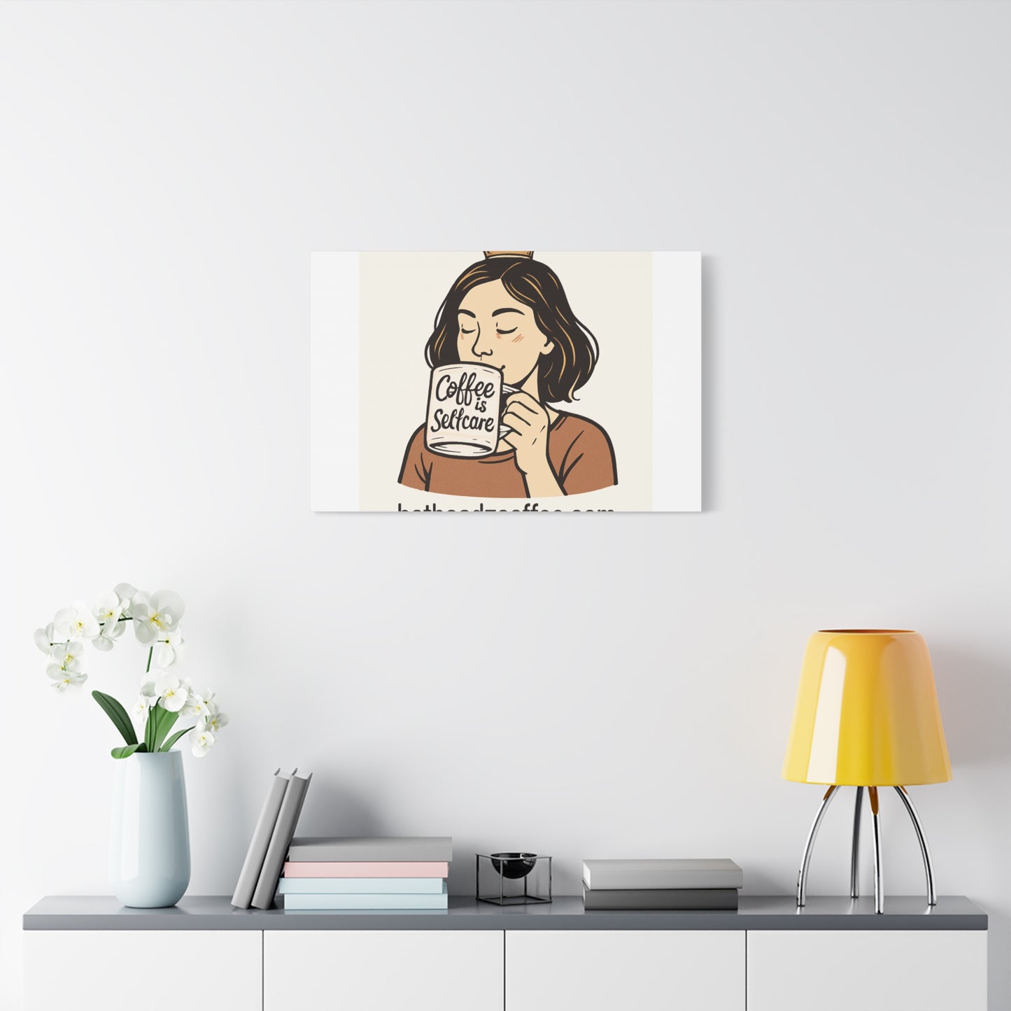 Coffee Is Self-Care Canvas Wall Art — Woman Drinking Coffee Illustration