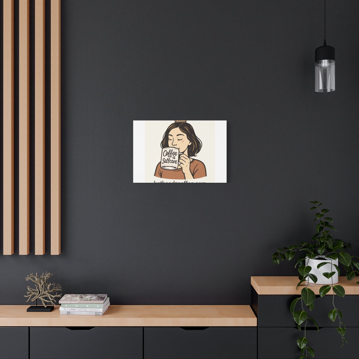 Coffee Is Self-Care Canvas Wall Art — Woman Drinking Coffee Illustration