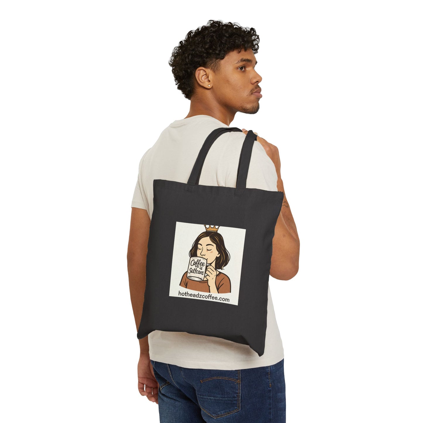Coffee Queen Canvas Tote Bag — Cute Crowned Girl Illustration, Coffee Sleeve Graphic