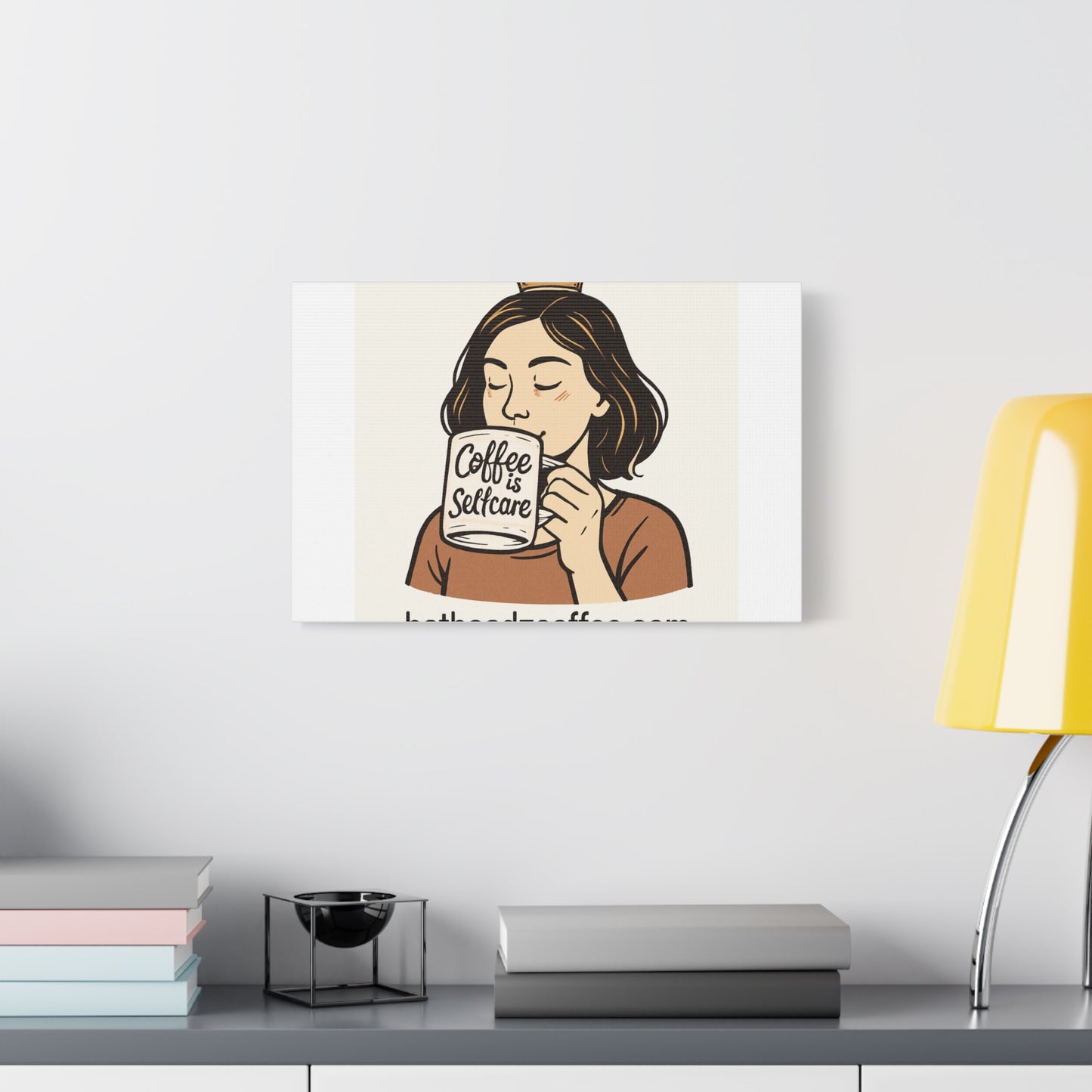 Coffee Is Self-Care Canvas Wall Art — Woman Drinking Coffee Illustration
