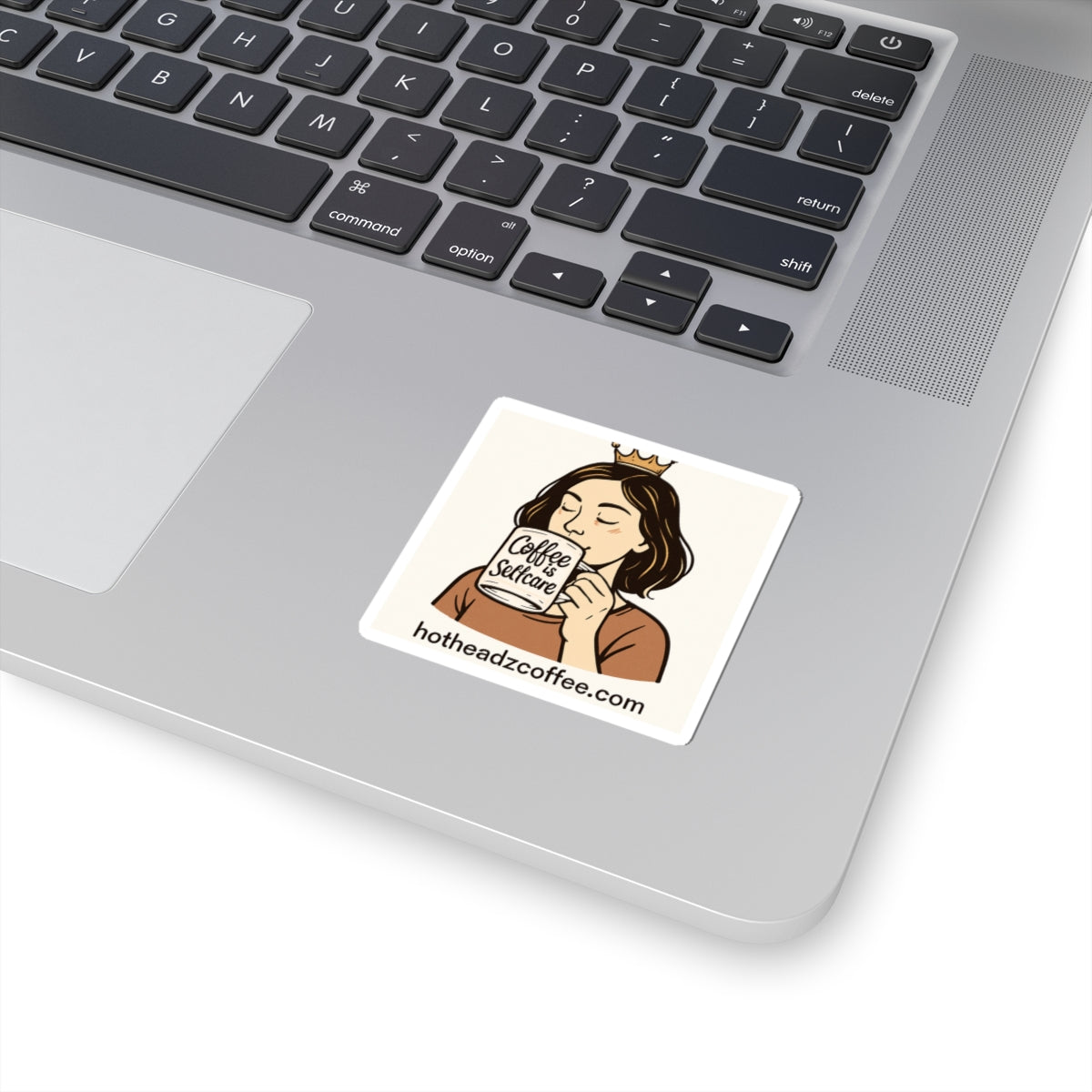 Coffee Is Selfcare Sticker — Cute Crowned Woman Laptop Kiss-Cut Sticker