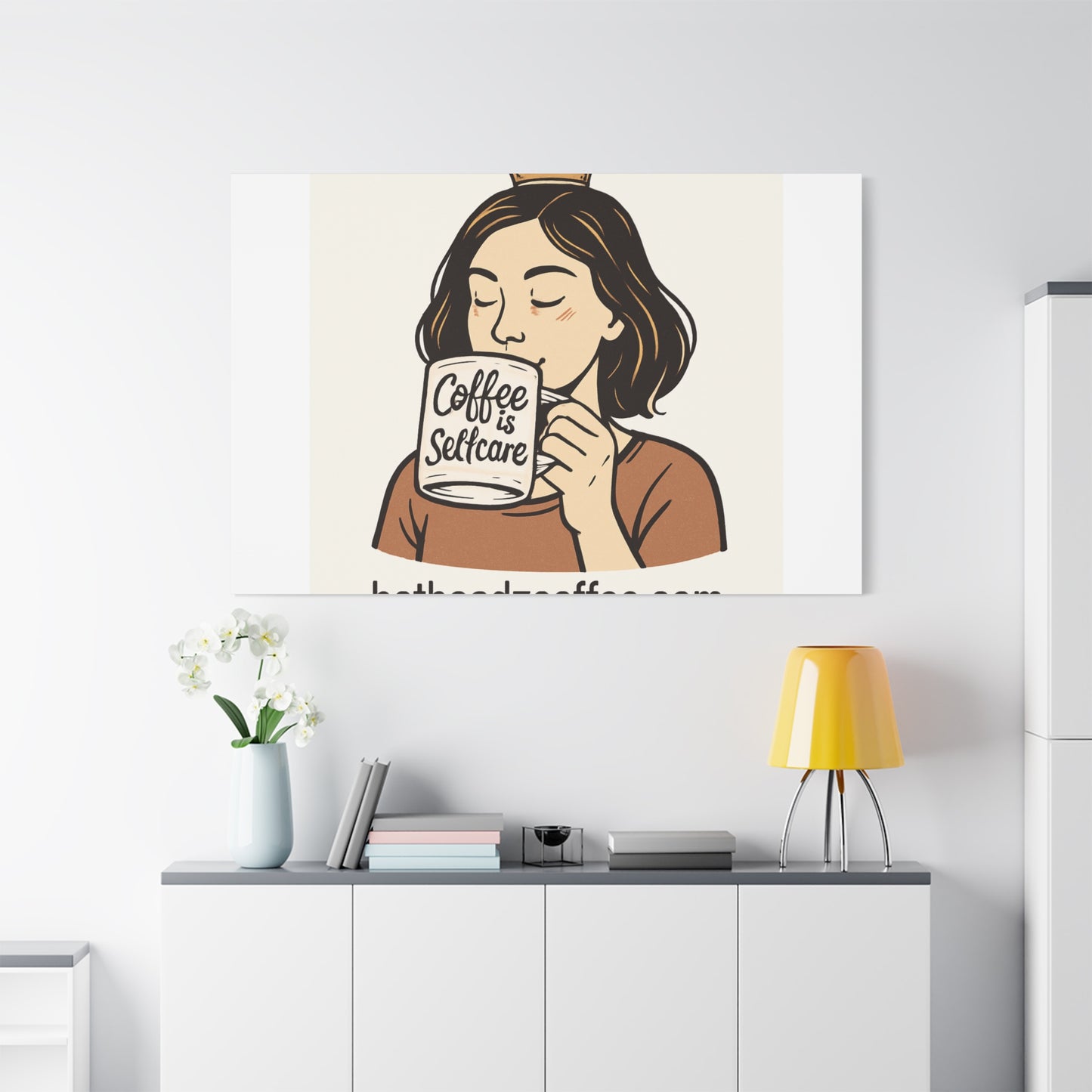 Coffee Is Self-Care Canvas Wall Art — Woman Drinking Coffee Illustration