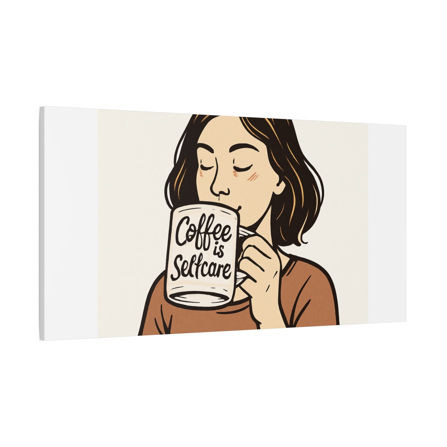 Coffee Is Self-Care Canvas Wall Art — Woman Drinking Coffee Illustration