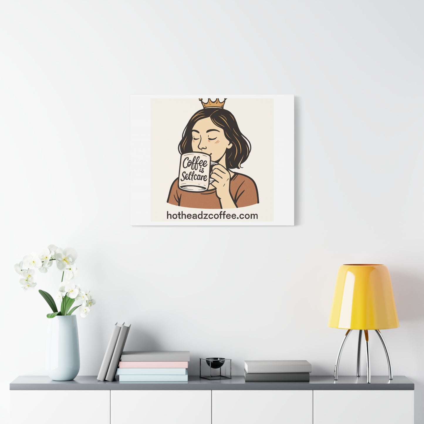 Coffee Is Self-Care Canvas Wall Art — Woman Drinking Coffee Illustration