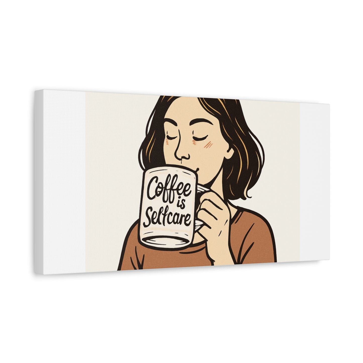 Coffee Is Self-Care Canvas Wall Art — Woman Drinking Coffee Illustration