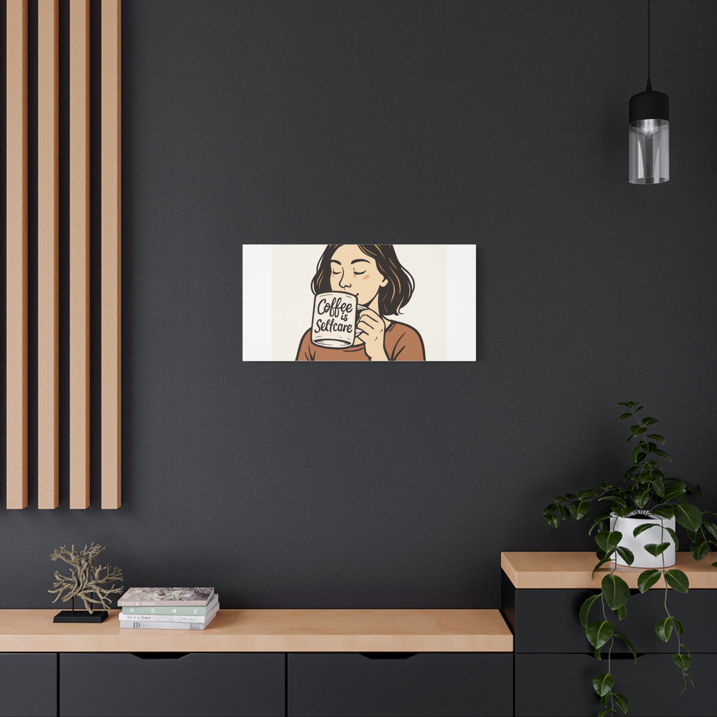 Coffee Is Self-Care Canvas Wall Art — Woman Drinking Coffee Illustration
