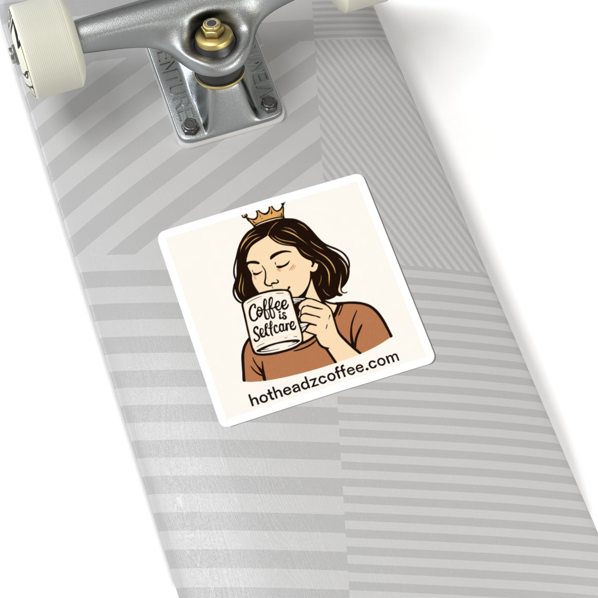 Coffee Is Selfcare Sticker — Cute Crowned Woman Laptop Kiss-Cut Sticker