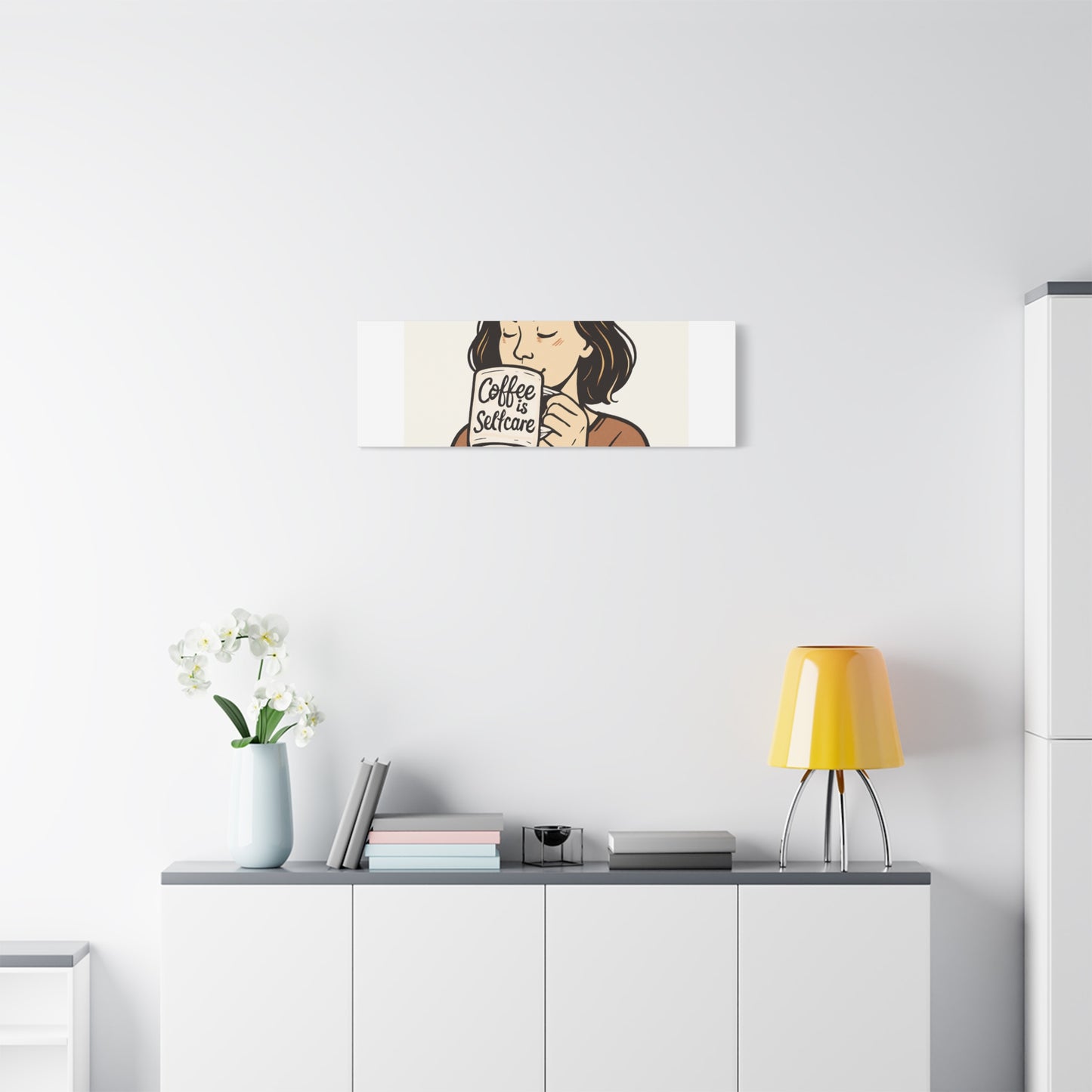 Coffee Is Self-Care Canvas Wall Art — Woman Drinking Coffee Illustration