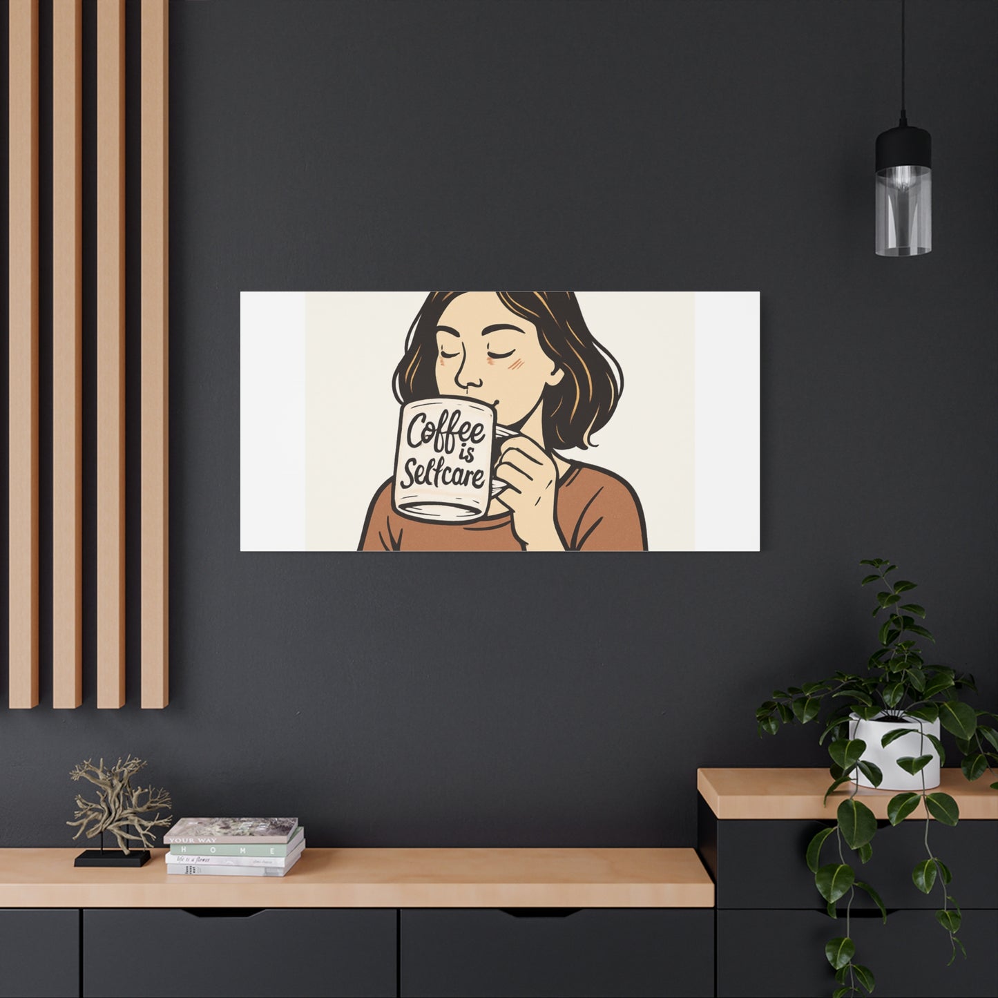 Coffee Is Self-Care Canvas Wall Art — Woman Drinking Coffee Illustration